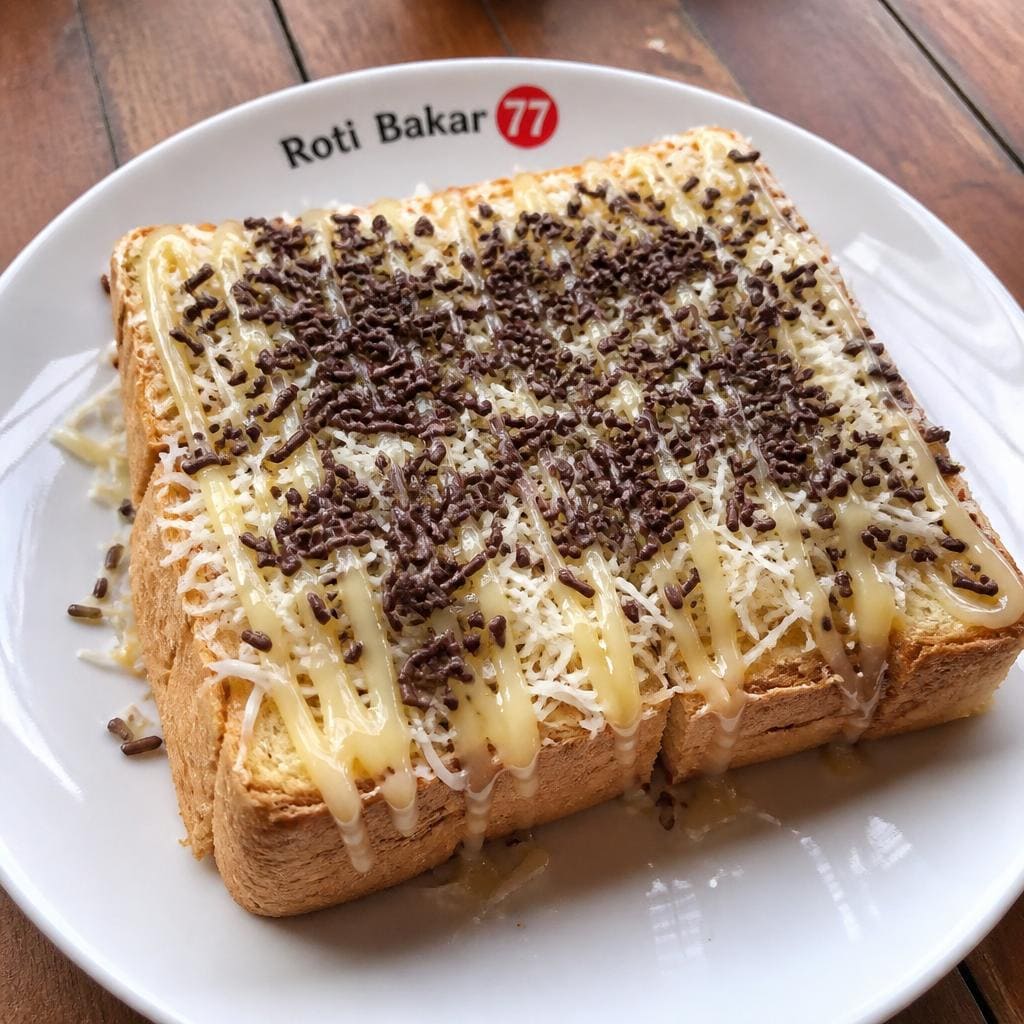 Roti Bakar 77 Es Teler 77 dengan susu kental manis dan keju parut